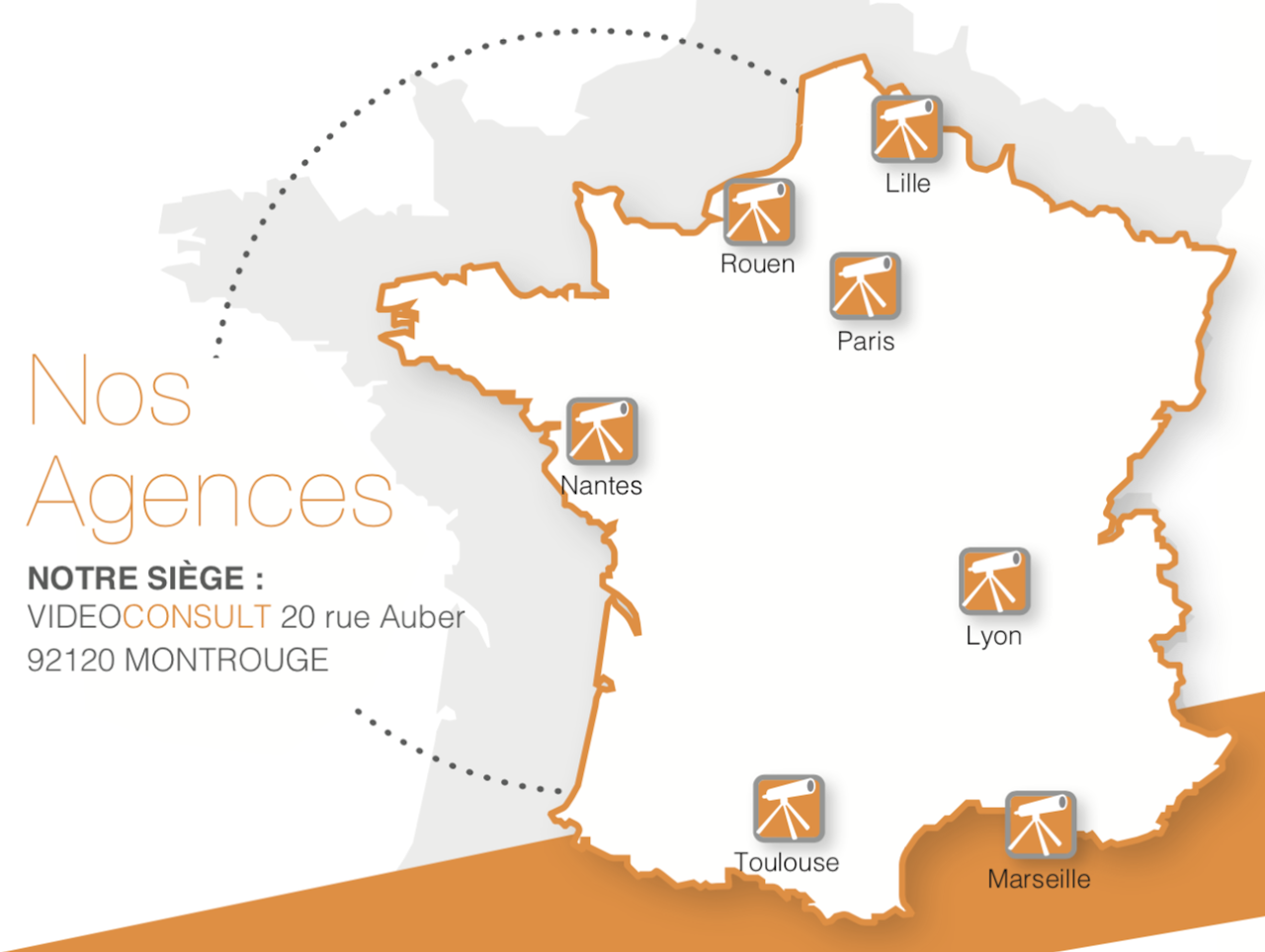 Agences en France VideoConsult - Carte de France avec les emplacements Lille, Nantes, Marseille, Rouen, Paris, Lyon, Toulouse